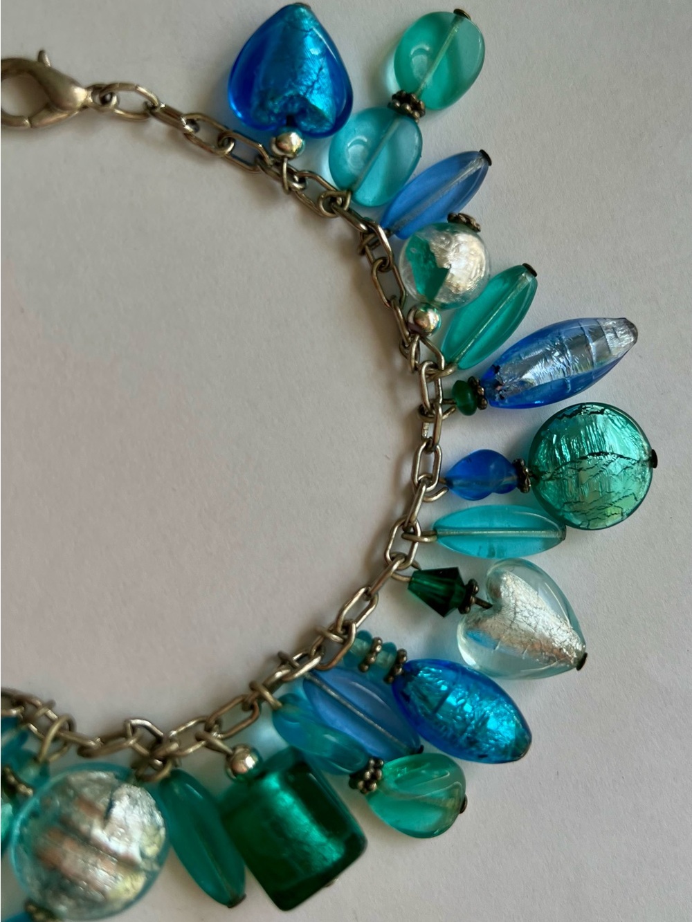 Murano Blue & Teal Glass Bead Bracelet 9” long to fit larger wrists.